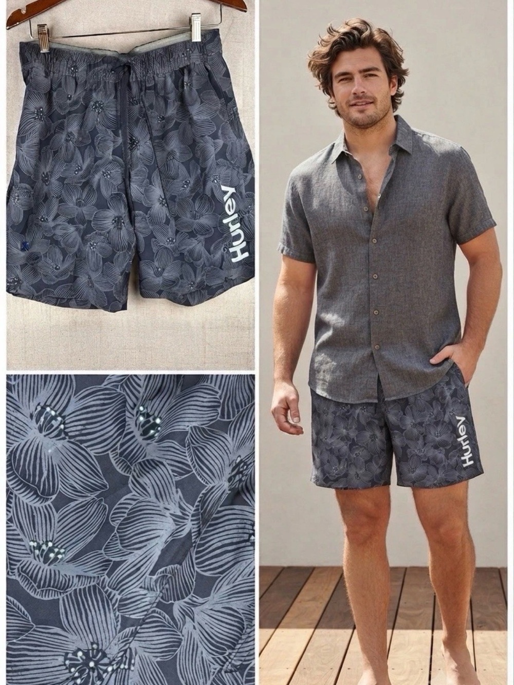 Hurley Mens Blue Swim Trunks L Dark Floral Lined Shorts Tagless Pockets Elastic